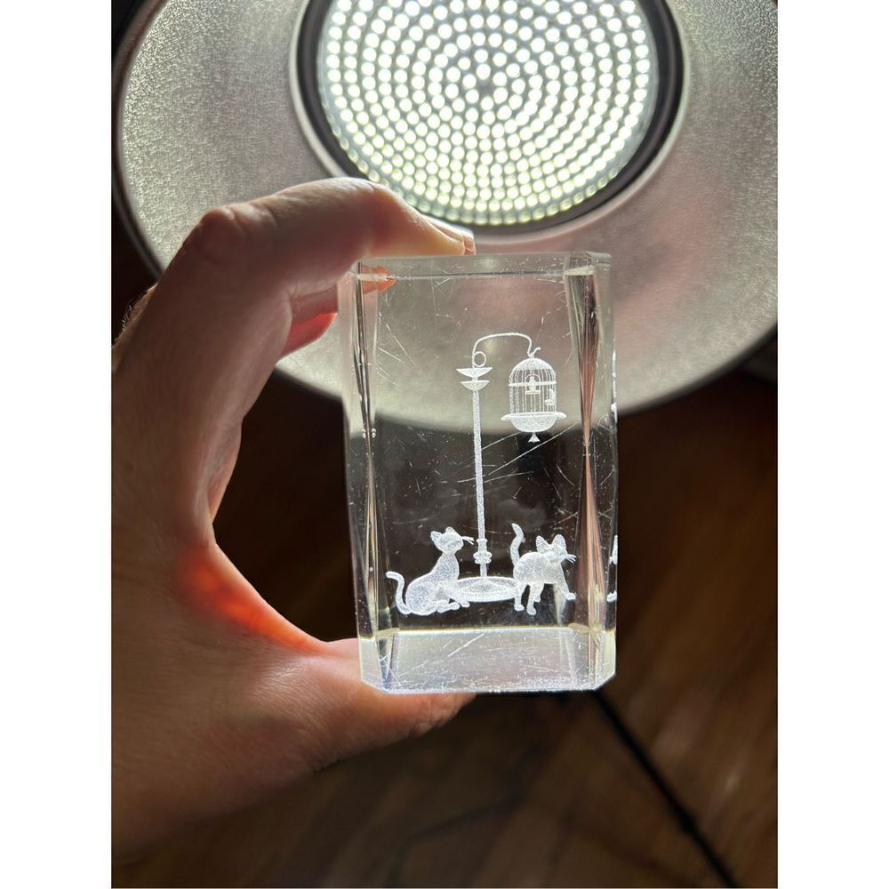 Vintage Bird Cage Bubblegram Glass Paperweight, Vitrograph 3D Laser Etched Glass